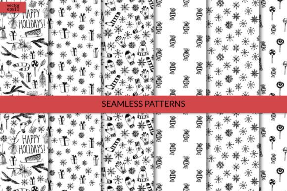 Christmas Doodle Patterns Set: Hand-Drawn Black-and-White Seamless Designs for Festive Creativity